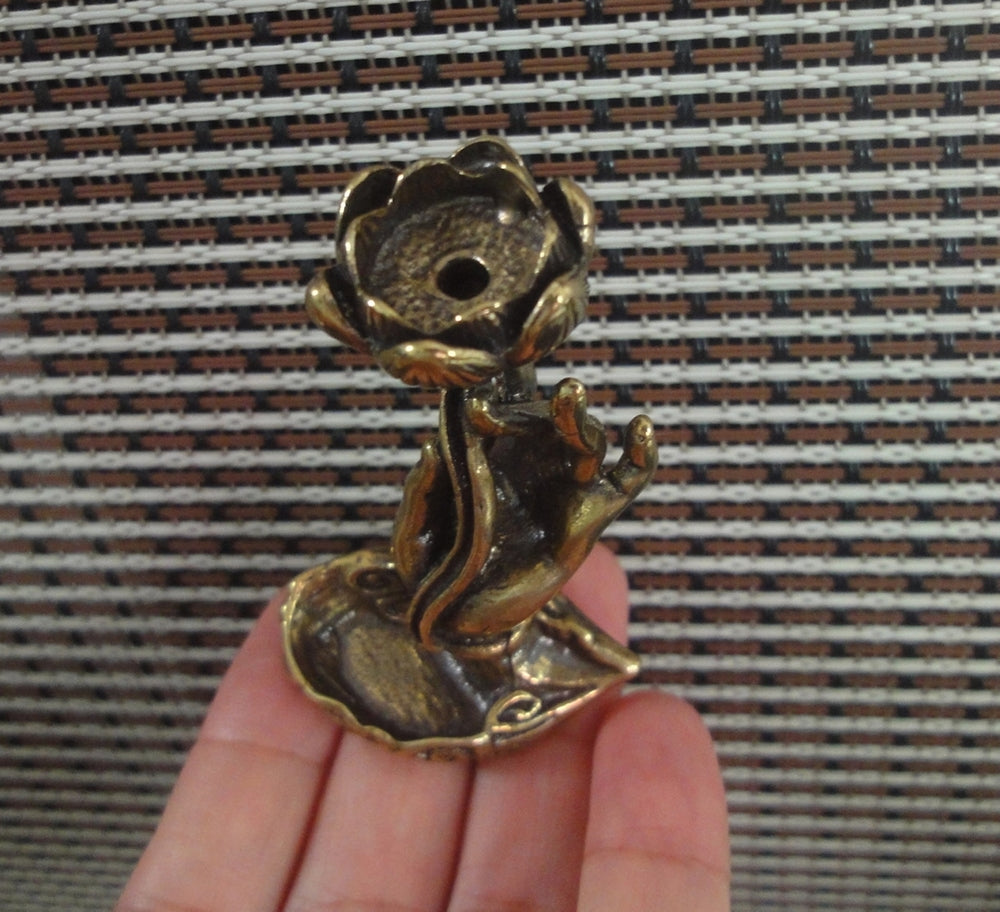 Vintage Style Solid Brass Hand Holding Lotus Flower Statue Incense Stick Holder