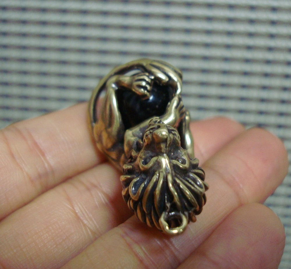 Solid Brass Small Roaring Lion Pendant Vintage Animal Statue Keyring