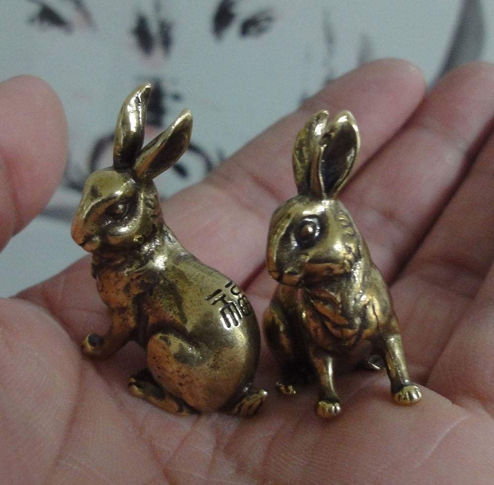 Pair of Vintage Style Solid Brass Lucky Rabbits Statues for Home Garden Decor