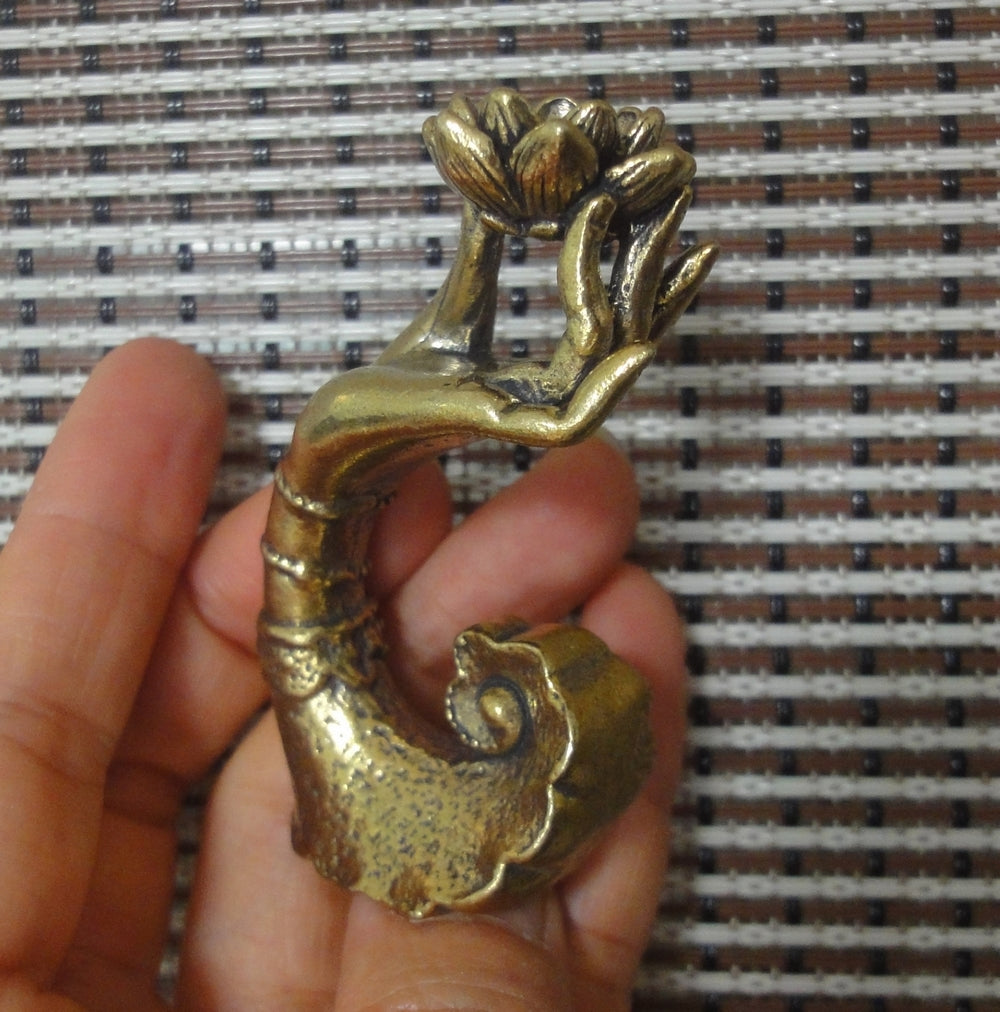 Solid Brass Buddha Hand Holding Lotus Flower Statue Incense Stick Holder