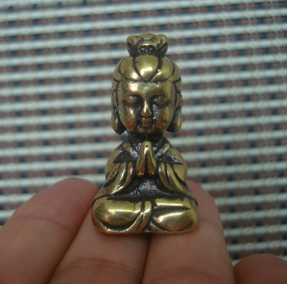 Solid Brass Small GuanYin Buddha Figurine Vintage Statue for Home Decor
