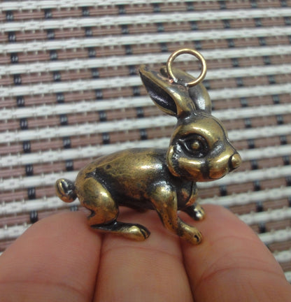 Solid Brass Rabbit Figurine Charm Pendant Vintage Style Statue Ornament