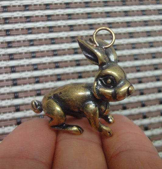 Solid Brass Rabbit Figurine Charm Pendant Vintage Style Statue Ornament