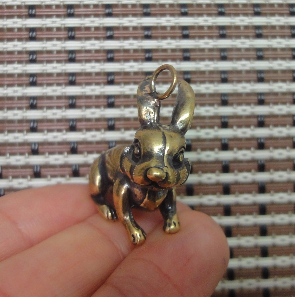 Solid Brass Rabbit Figurine Charm Pendant Vintage Style Statue Ornament