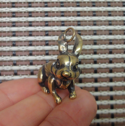 Solid Brass Rabbit Figurine Charm Pendant Vintage Style Statue Ornament