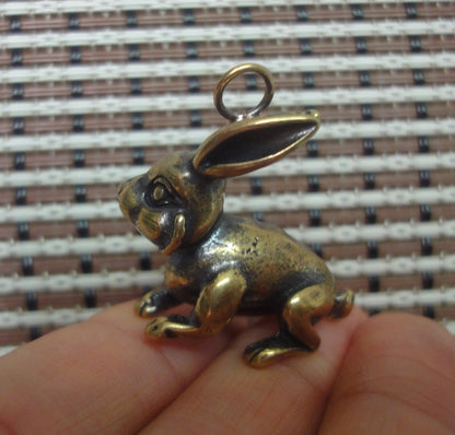 Solid Brass Rabbit Figurine Charm Pendant Vintage Style Statue Ornament