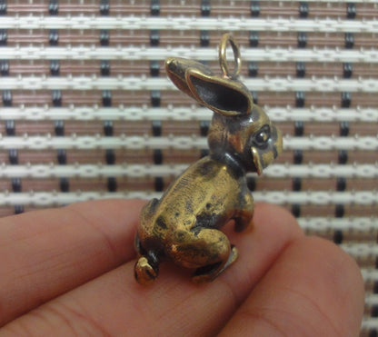 Solid Brass Rabbit Figurine Charm Pendant Vintage Style Statue Ornament