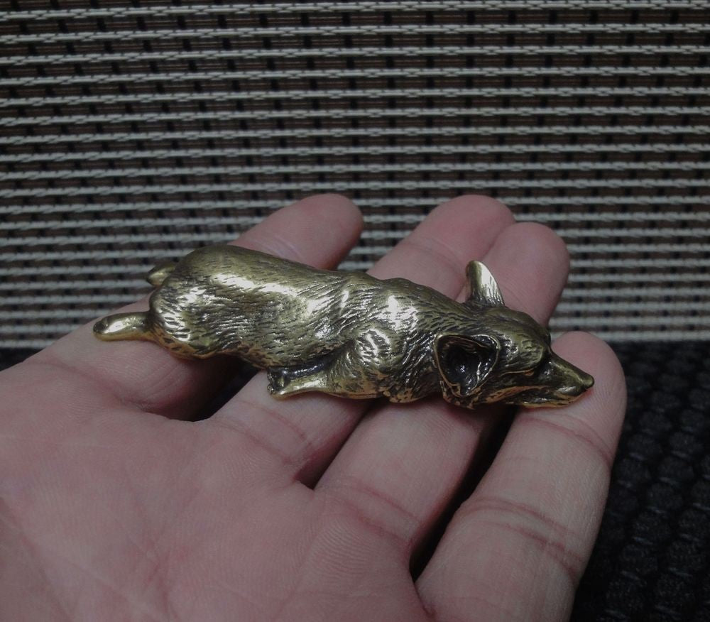 Solid Brass Sleeping Corgi Dog Figurine Statue Paperweight Home Decor