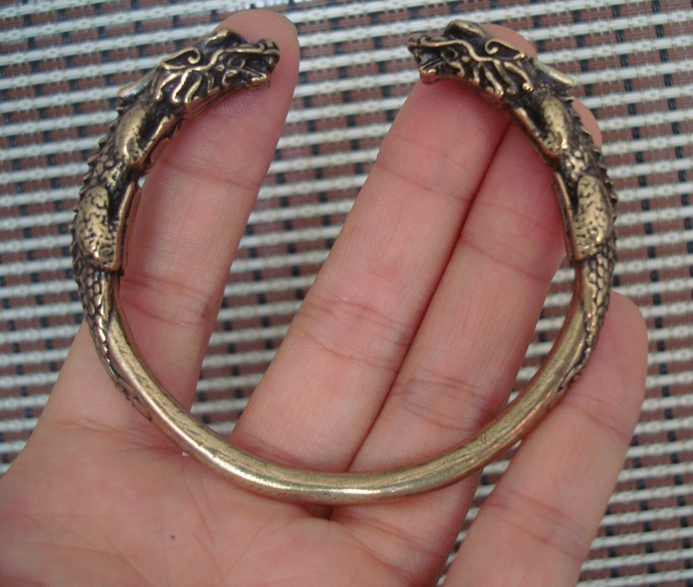 Vintage Style Solid Brass Double Ancient Dragons Figurine Statue Bangle 56MM