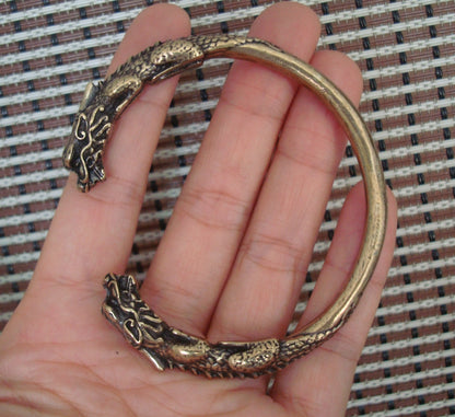 Vintage Style Solid Brass Double Ancient Dragons Figurine Statue Bangle 56MM