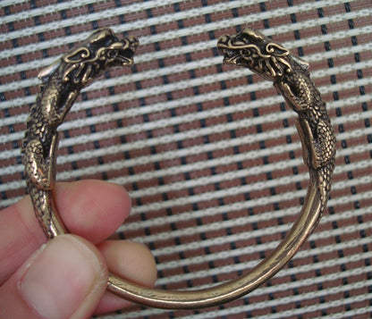 Vintage Style Solid Brass Double Ancient Dragons Figurine Statue Bangle 56MM