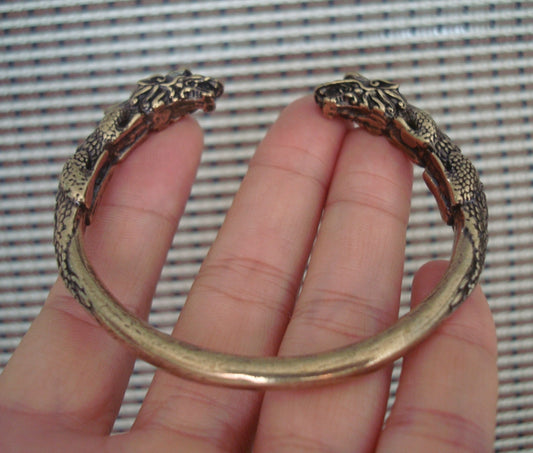 Vintage Style Solid Brass Double Ancient Dragons Figurine Statue Bangle 56MM