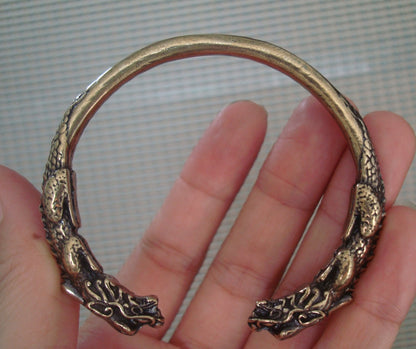 Vintage Style Solid Brass Double Ancient Dragons Figurine Statue Bangle 56MM