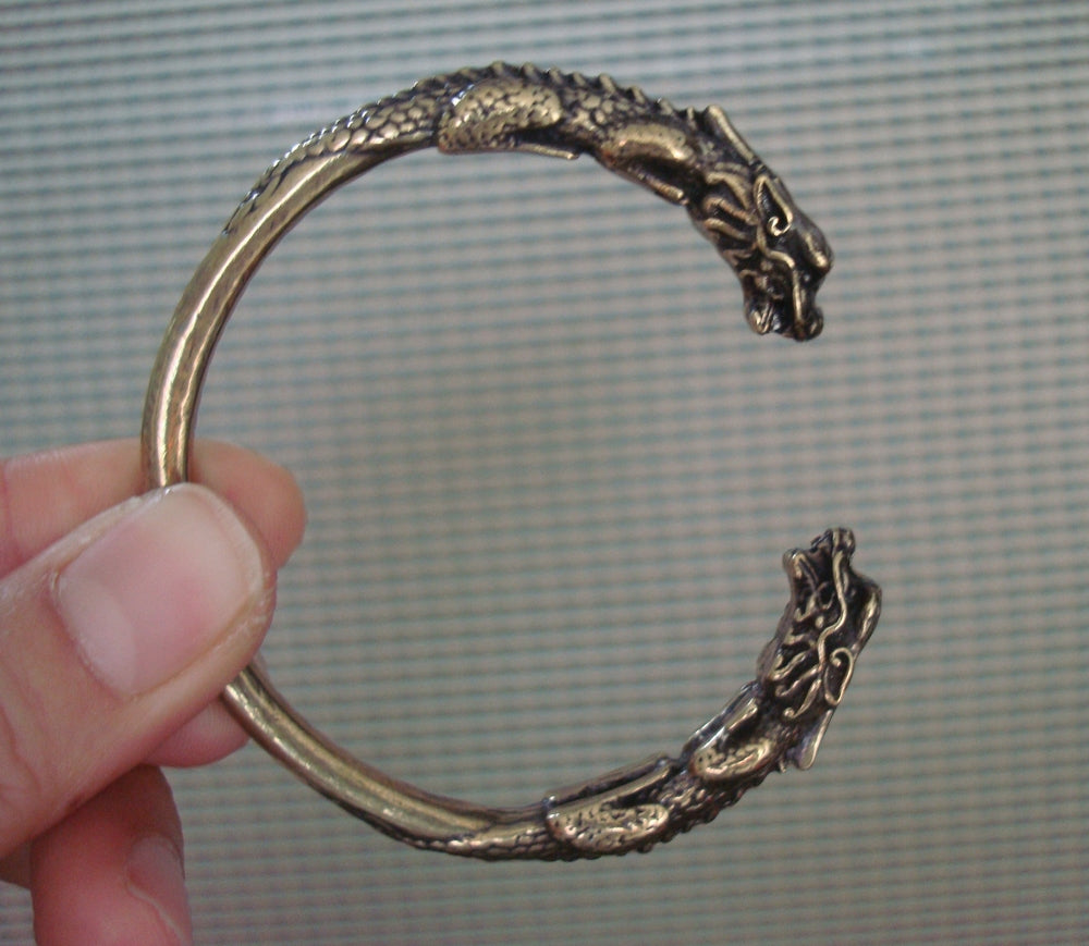 Vintage Style Solid Brass Double Ancient Dragons Figurine Statue Bangle 56MM