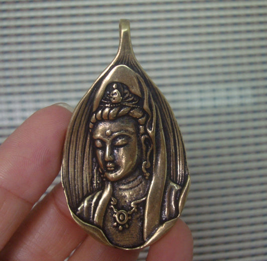 Brass Leaf Guanyin Buddha Pendant Vintage Style
