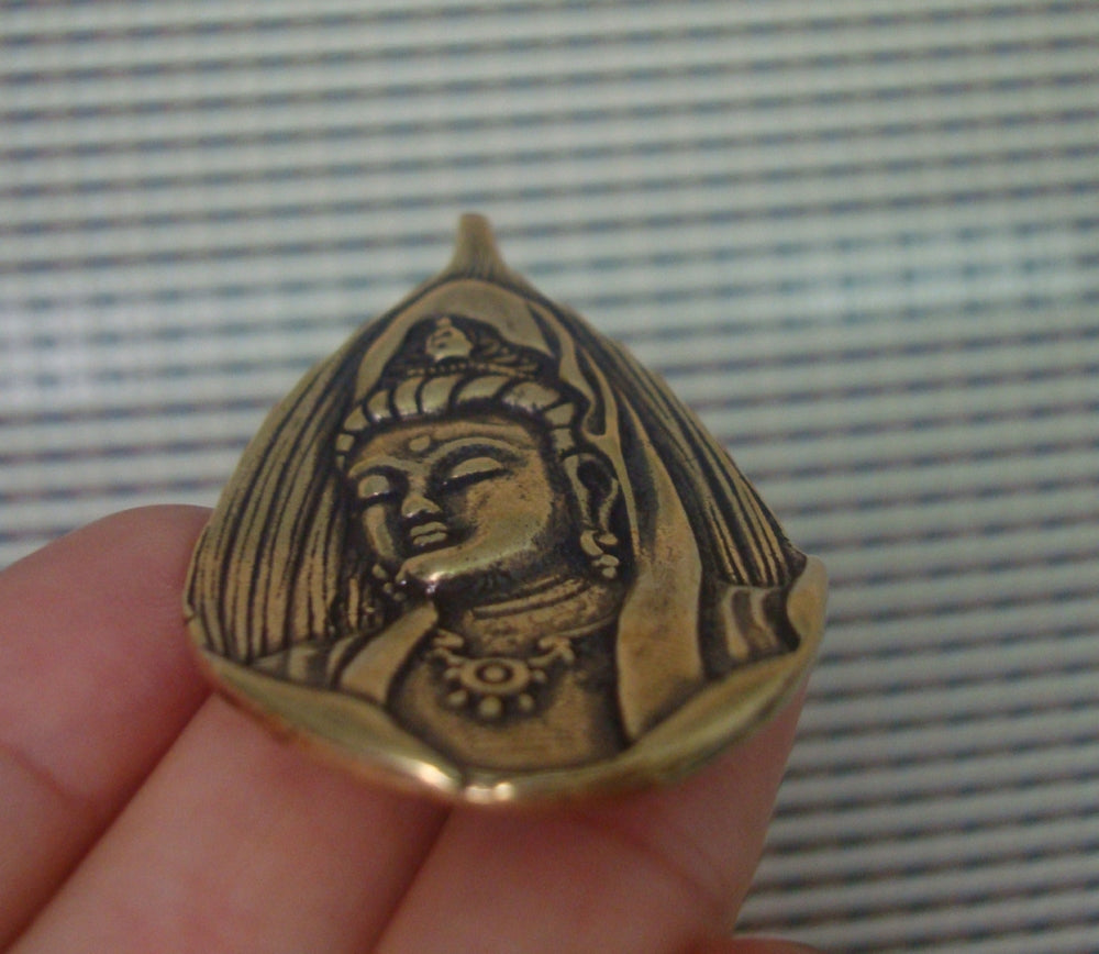 Brass Leaf Guanyin Buddha Pendant Vintage Style