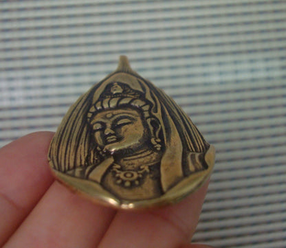 Brass Leaf Guanyin Buddha Pendant Vintage Style