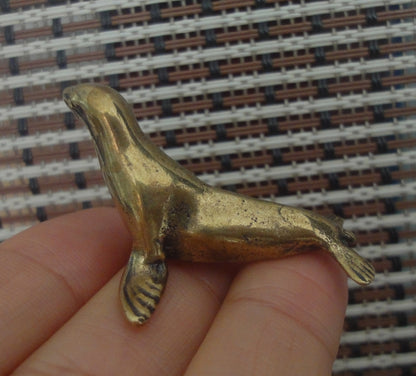 Vintage Style Brass Seal Figurine: Copper Sea Animal Sculpture