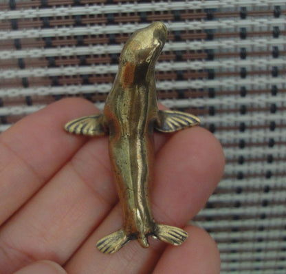 Vintage Style Brass Seal Figurine: Copper Sea Animal Sculpture