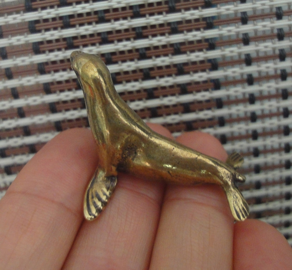Vintage Style Brass Seal Figurine: Copper Sea Animal Sculpture