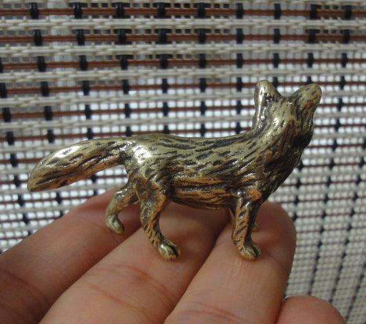 Solid Brass Fox Figurine - Mini Textured Animal Statue Desk Decor