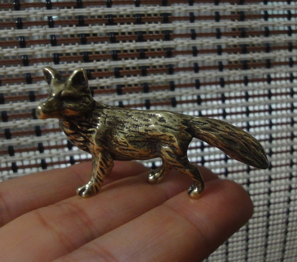 Solid Brass Fox Figurine - Mini Textured Animal Statue Desk Decor