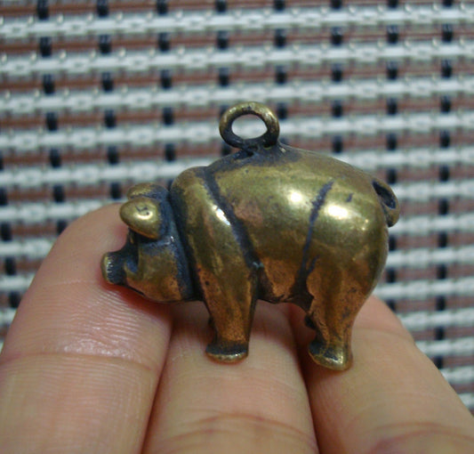 Solid Brass Pig Figurine Charm Pendant Vintage Style Keyring