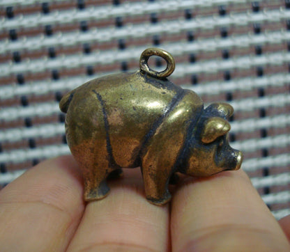 Solid Brass Pig Figurine Charm Pendant Vintage Style Keyring
