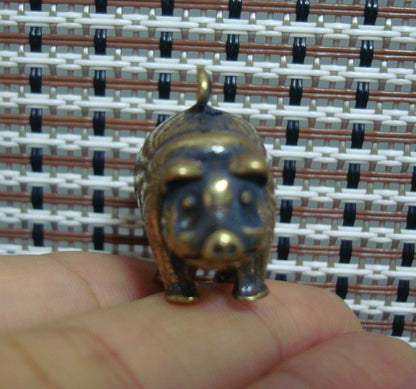 Solid Brass Pig Figurine Charm Pendant Vintage Style Keyring