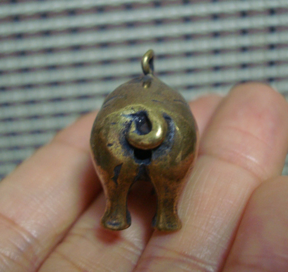 Solid Brass Pig Figurine Charm Pendant Vintage Style Keyring