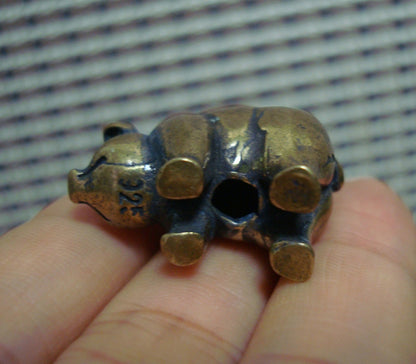 Solid Brass Pig Figurine Charm Pendant Vintage Style Keyring