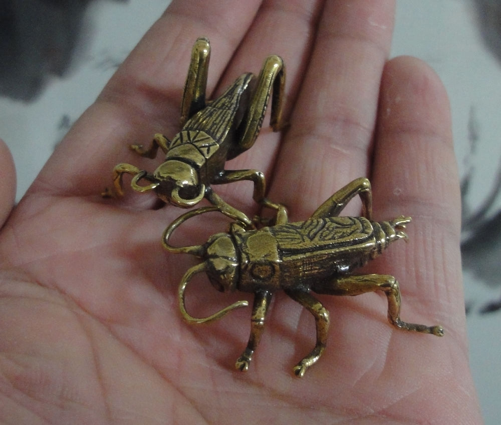 Pair of Vintage Style Solid Brass Cricket Insect Statues Sculptures for Garden Decor