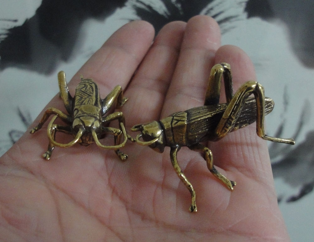 Pair of Vintage Style Solid Brass Cricket Insect Statues Sculptures for Garden Decor