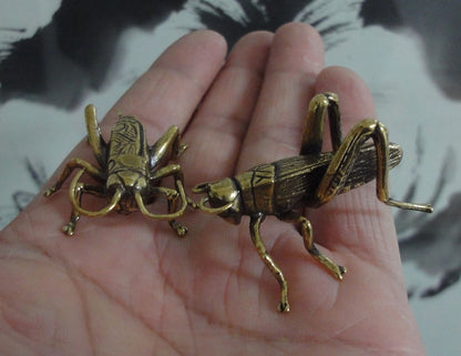Pair of Vintage Style Solid Brass Cricket Insect Statues Sculptures for Garden Decor