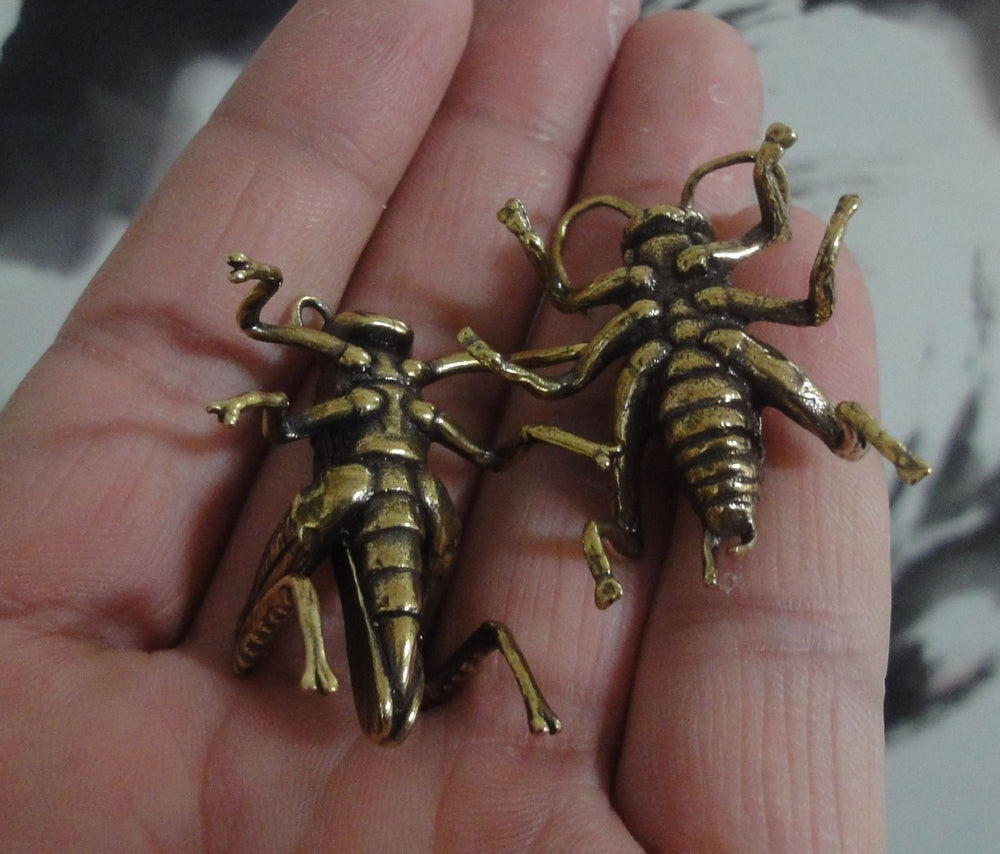 Pair of Vintage Style Solid Brass Cricket Insect Statues Sculptures for Garden Decor