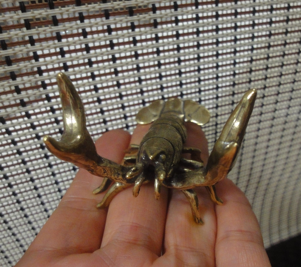 Solid Brass Crawfish Figurine - Metal Animal Statue Desk Decor