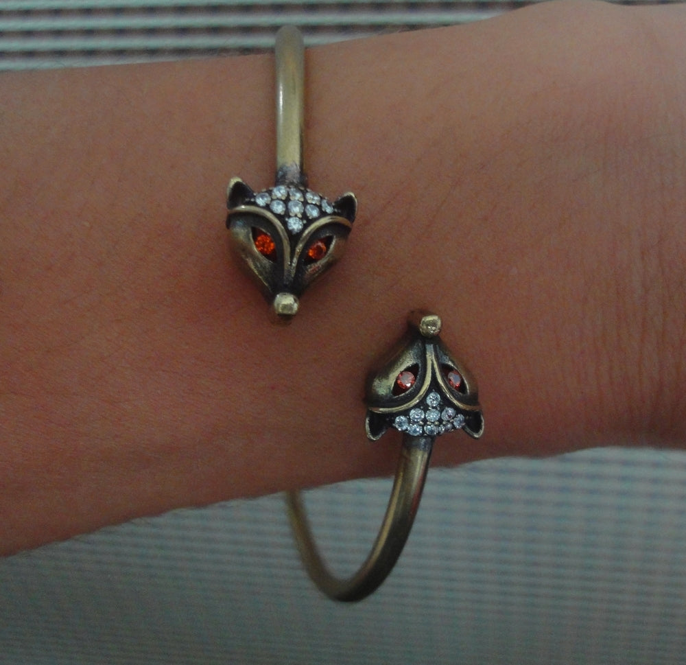 Solid Brass Foxes Heads Women Bangle Vintage Style Adjustable Bracelet