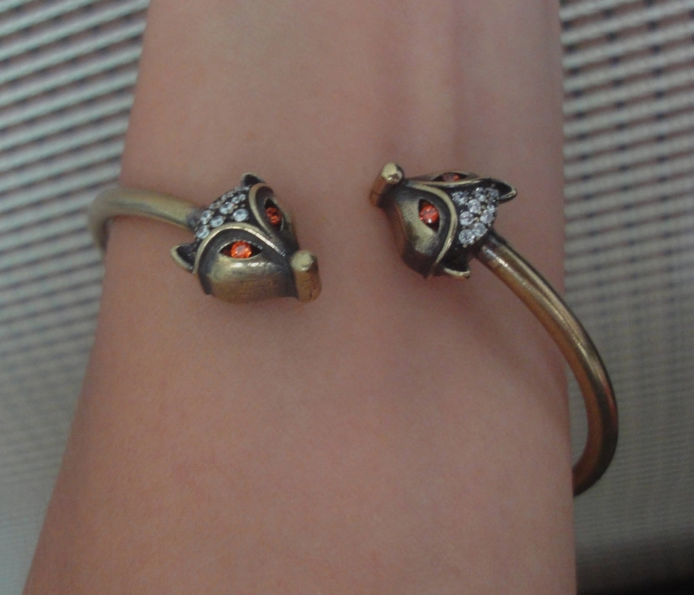 Solid Brass Foxes Heads Women Bangle Vintage Style Adjustable Bracelet