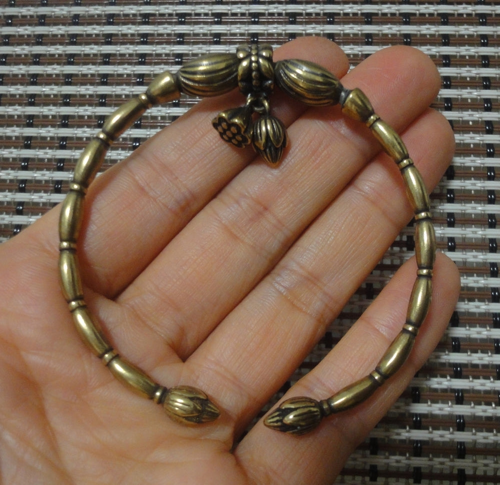 Vintage Style Solid Brass Lotus Flower Seed Dangle Women Bracelet Bangle-55MM