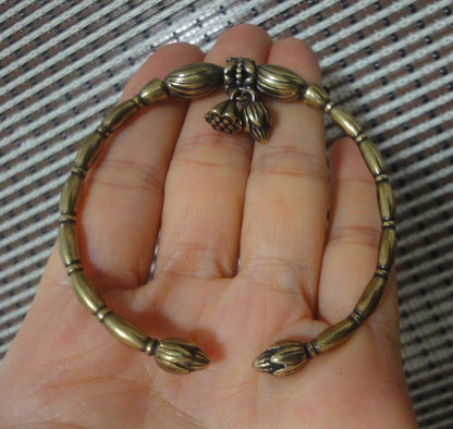 Vintage Style Solid Brass Lotus Flower Seed Dangle Women Bracelet Bangle-55MM