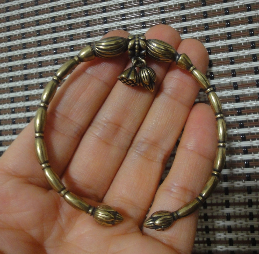 Vintage Style Solid Brass Lotus Flower Seed Dangle Women Bracelet Bangle-55MM