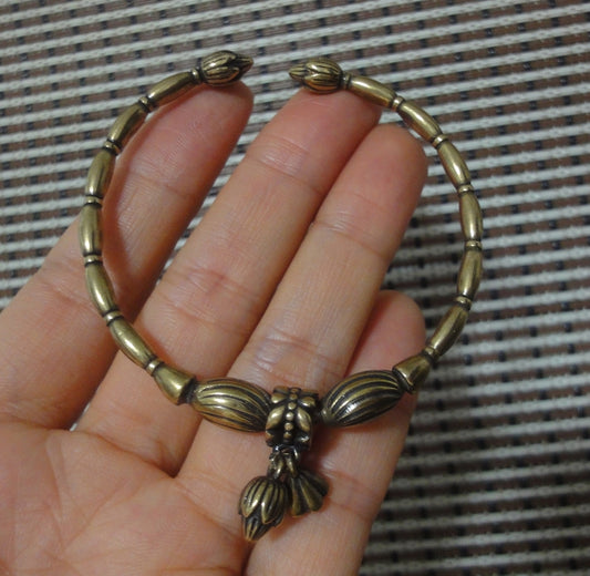 Vintage Style Solid Brass Lotus Flower Seed Dangle Women Bracelet Bangle-55MM