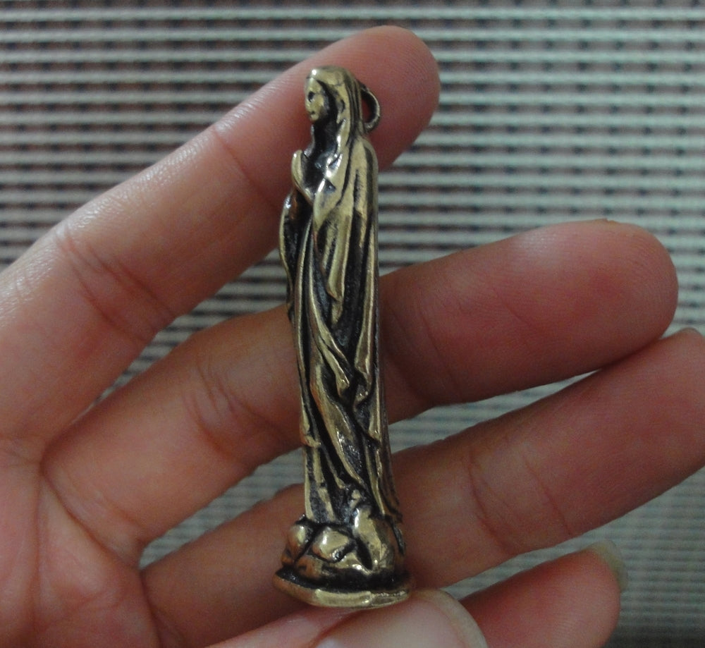 Vintage Solid Brass Virgin Mary Woman Figurine Statue Pendant