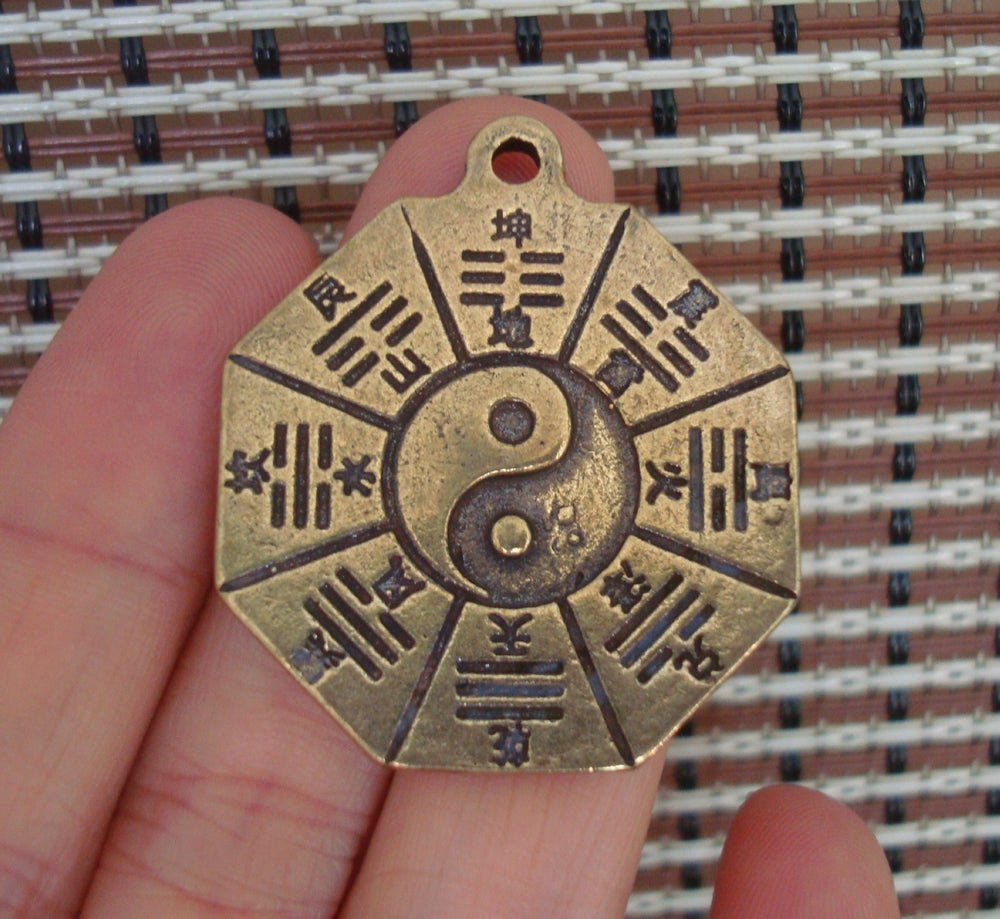 Vintage Style Solid Brass Bagua FengShui Pendant for Home and Bags Decor