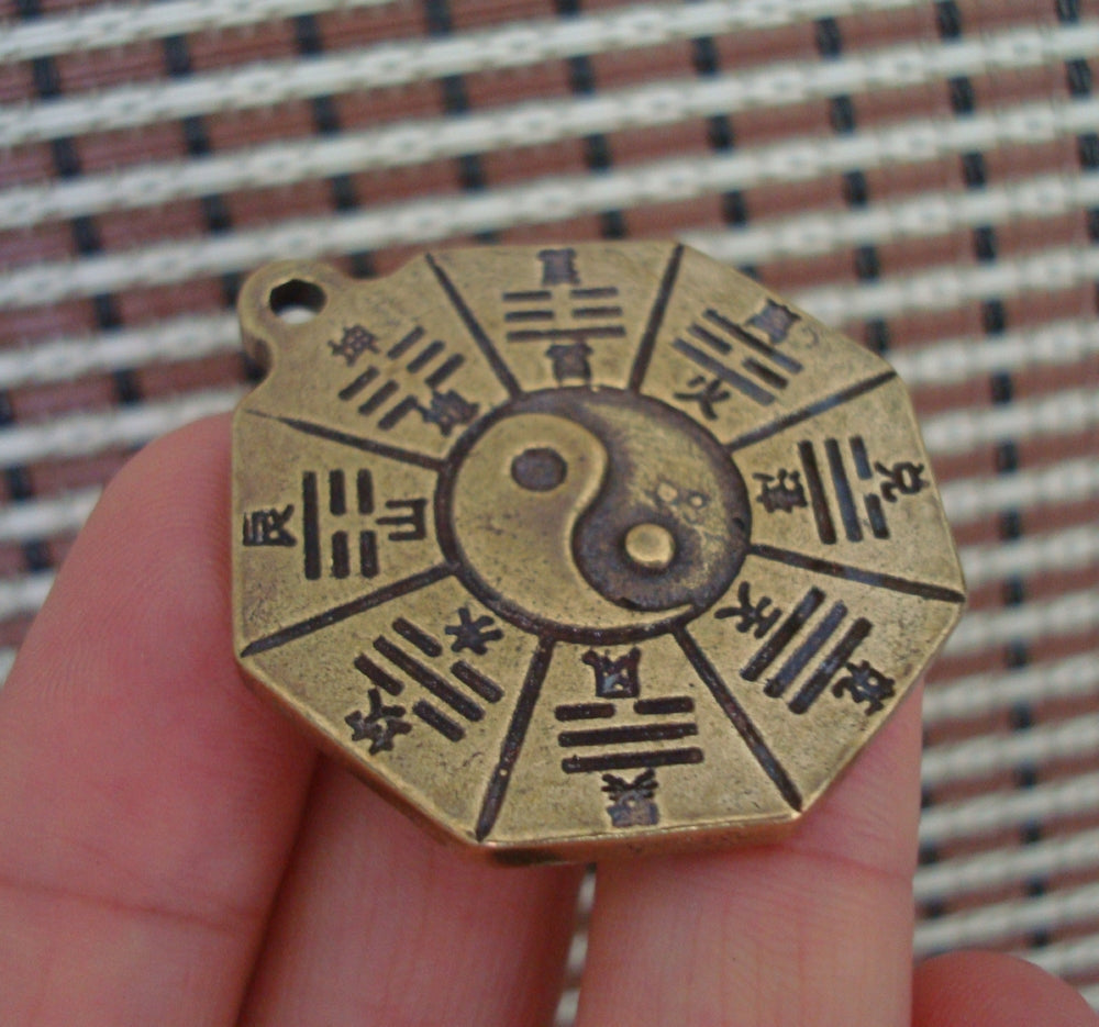Vintage Style Solid Brass Bagua FengShui Pendant for Home and Bags Decor