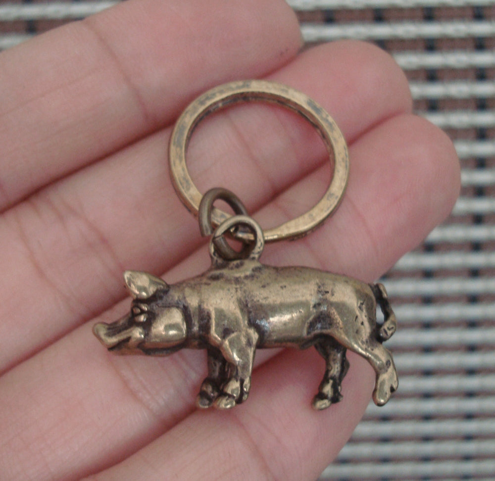 Vintage Style Brass Pig Figurine Keychain Pendant