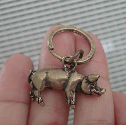 Vintage Style Brass Pig Figurine Keychain Pendant