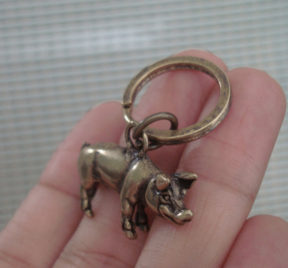 Vintage Style Brass Pig Figurine Keychain Pendant
