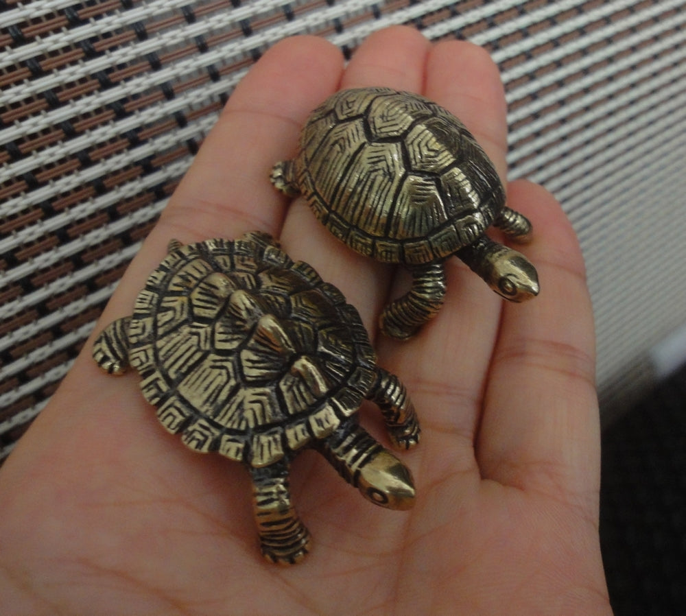 Pair of Vintage Style Solid Brass Longevity and Money Turtles Figurines Statues
