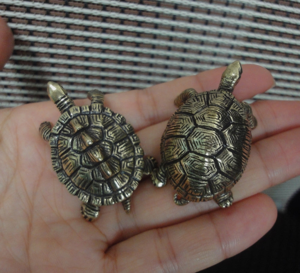 Pair of Vintage Style Solid Brass Longevity and Money Turtles Figurines Statues